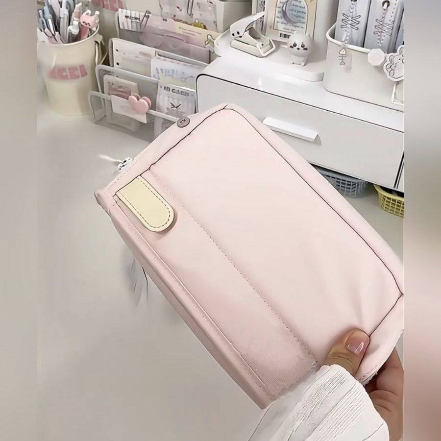 日系可爱简约粉色折叠笔袋大容量多层少女心学生文具收纳袋笔盒