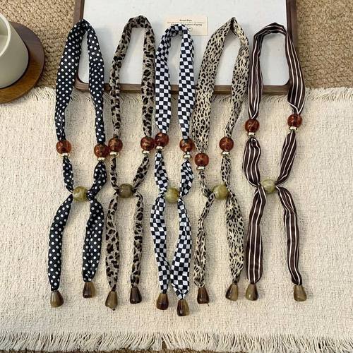 美拉德咖色豹纹串珠丝巾项链复古