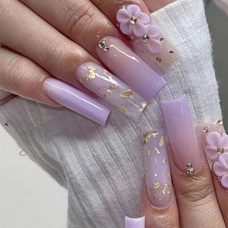 穿戴美甲紫色渐变长芭蕾立体花朵