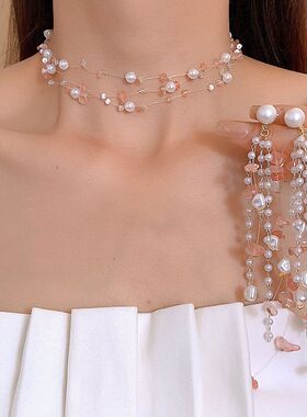 粉色天然石珍珠串珠项链女清冷