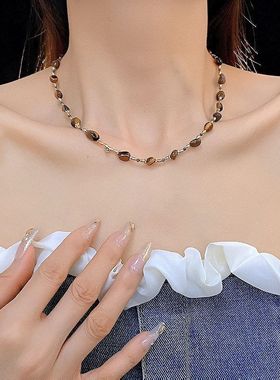 美拉德天然石虎眼石咖色串珠项链