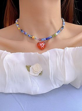 多巴胺彩色串珠项链爆款爱心琉璃