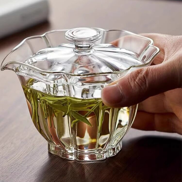 百财花瓣玻璃盖碗茶杯耐热透明盖盖碗