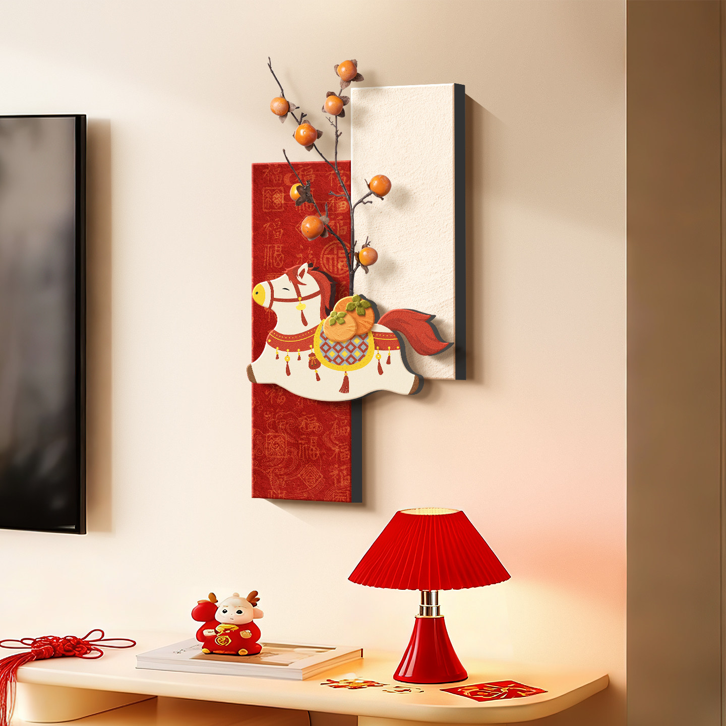马上有钱花电视背景墙挂画2026新年好寓意入户正对门客厅装饰画