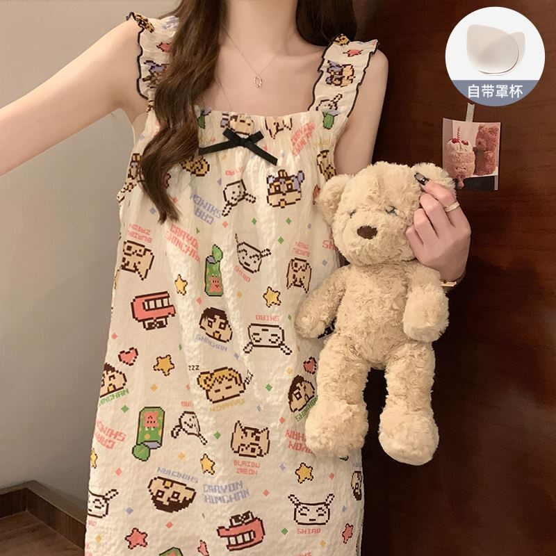 带胸垫夏日吊带睡裙女夏季薄款日系可爱睡衣连衣裙大码孕妇家居服