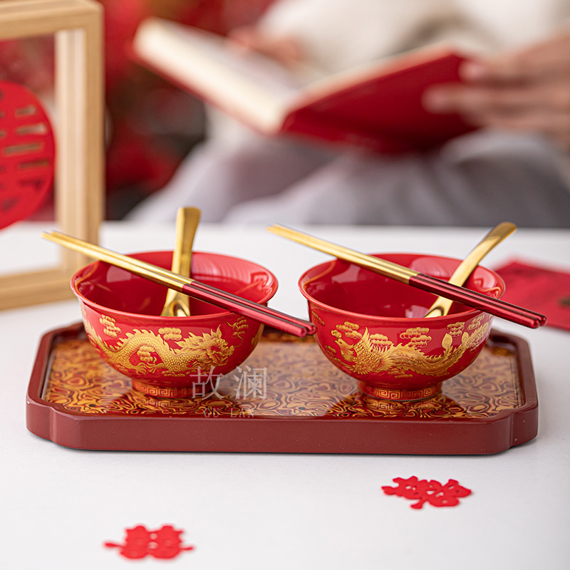 故澜喜碗套装红色碗结婚龙凤陪嫁碗筷餐具新婚礼物敬茶杯茶具盖碗