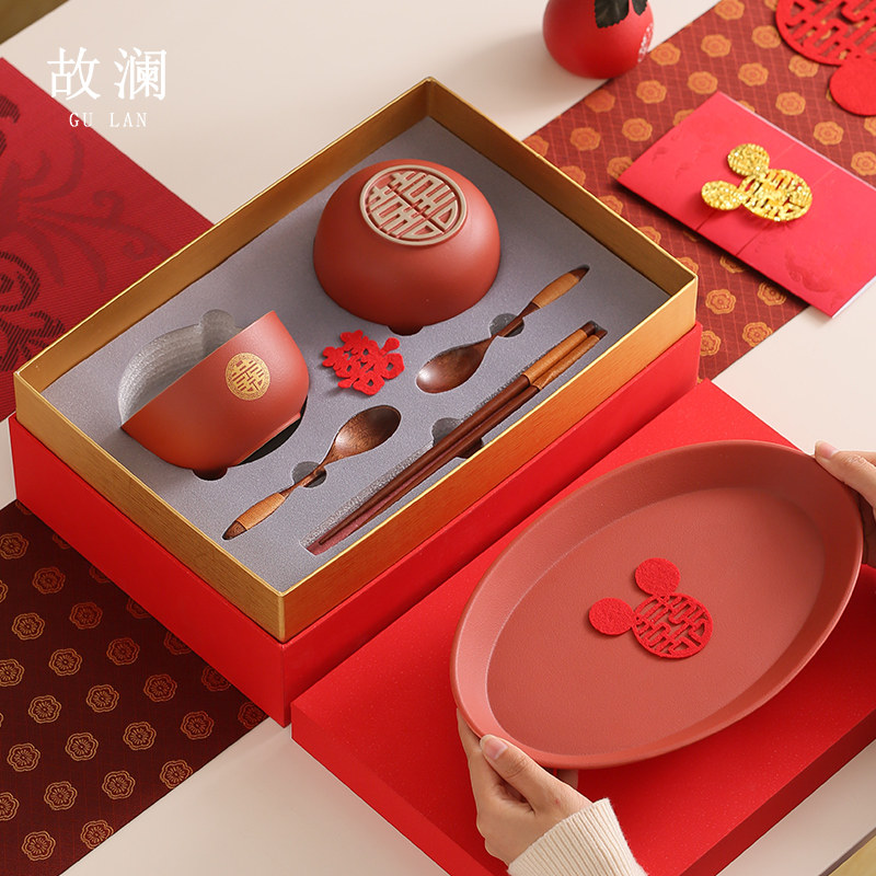 故澜喜碗结婚对碗陪嫁碗筷套装新人碗红色碗陶瓷婚庆餐具新婚礼物