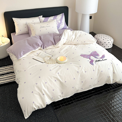 2025新款全棉毛巾绣卡通四件套100纯棉儿童床单被套床上用品紫色