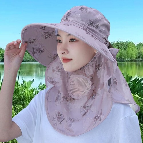 下地干活防晒帽子女遮阳夏季大檐面纱护颈舒适透气防紫外线采茶帽