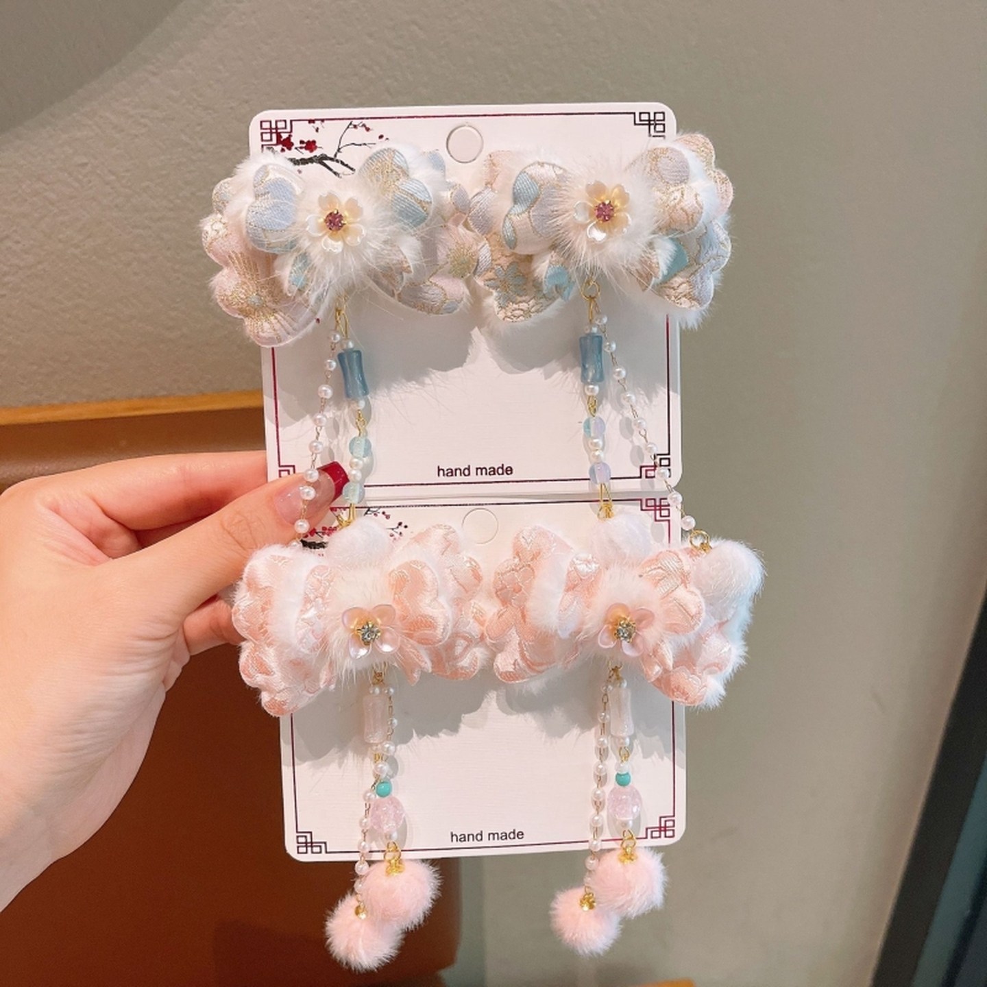 女童新年发饰儿童中国风汉服蝴蝶发夹花朵布艺粉红色对夹拜年头饰