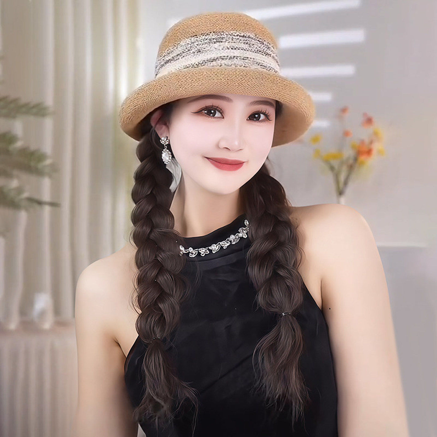 帽子假发一体发帽女士秋冬季长卷发小礼帽减龄显脸小精致百搭盆帽