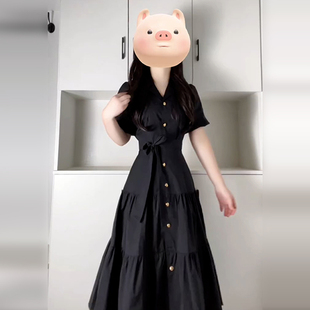 高级感收腰气质长裙 赫本风法式 黑色短袖 衬衫 连衣裙子女夏2025新款