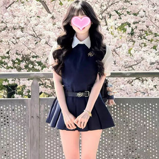 夏季 绝美小裙子韩系chic穿搭一整套学院风衬衫 背心连衣裙两件套装