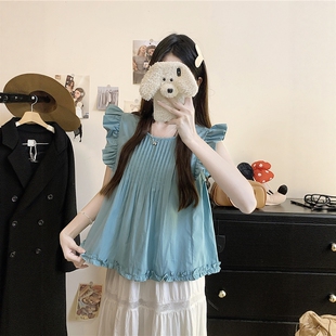 短款 别致卡腰娃娃衫 露背小飞袖 上衣女夏法式 亮色系音乐节无袖 衬衫