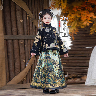 儿童冬季 加厚套装 旗袍高端拜年服黑色汉服 冬装 女童马面裙2025新款