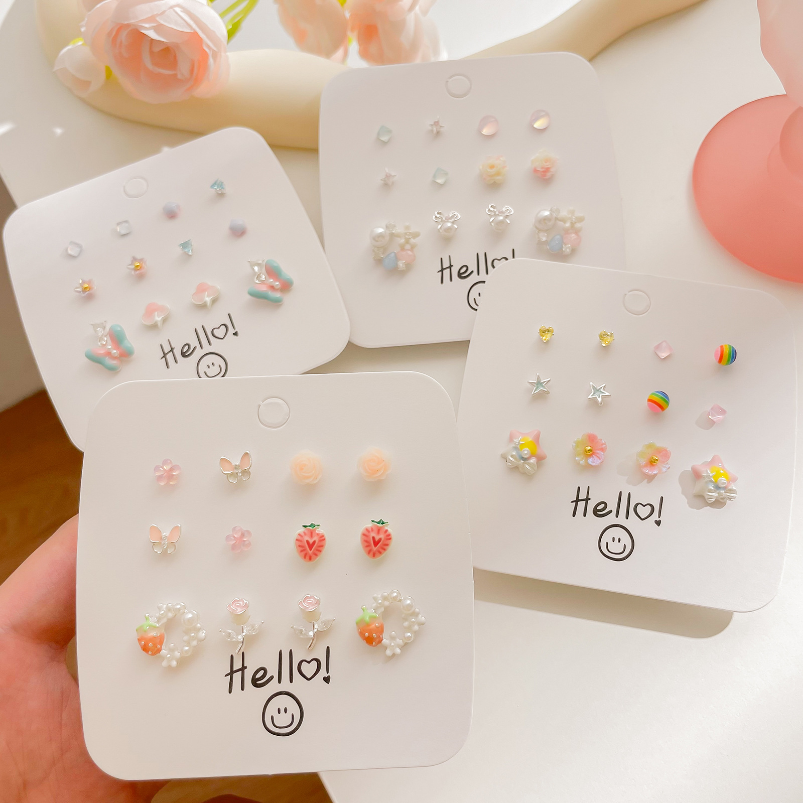 2025夏季新款彩虹色花朵耳钉套装可爱小巧个性小清新耳环耳骨钉