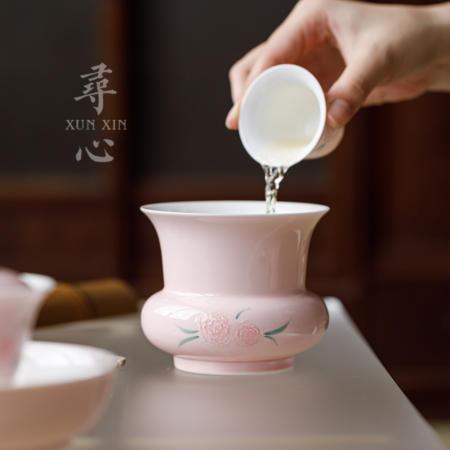 寻心堆绘团花陶瓷建水茶洗茶渣筒水盂茶盂家用茶道配件水洗废水缸