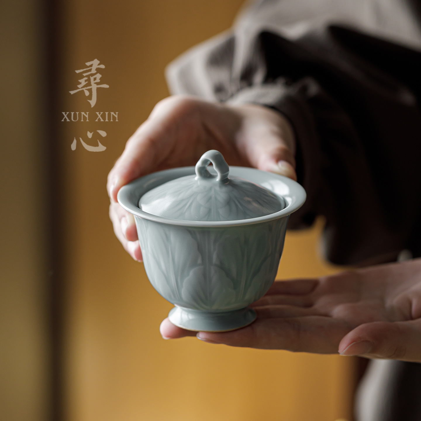 寻心天青色汝窑浮雕二才盖碗陶瓷