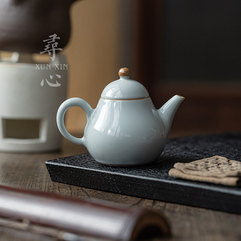 寻心汝窑茶壶泡茶单壶茶具家用泡茶器梨形壶开片可养手工茶壶陶瓷