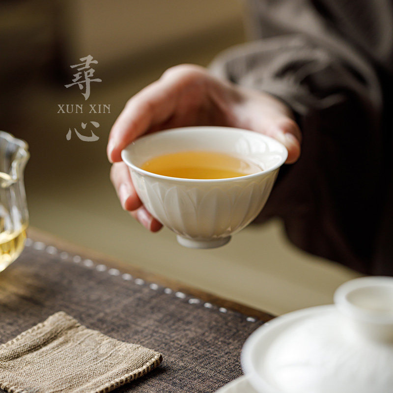 寻心杏白莲瓣宽口主人杯家用功夫泡茶杯子中式茶具复古品茗杯茶盏
