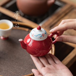 家用陶瓷泡茶壶单壶带球孔过滤泡茶器高档 寻心堆绘冰梅梨型壶中式