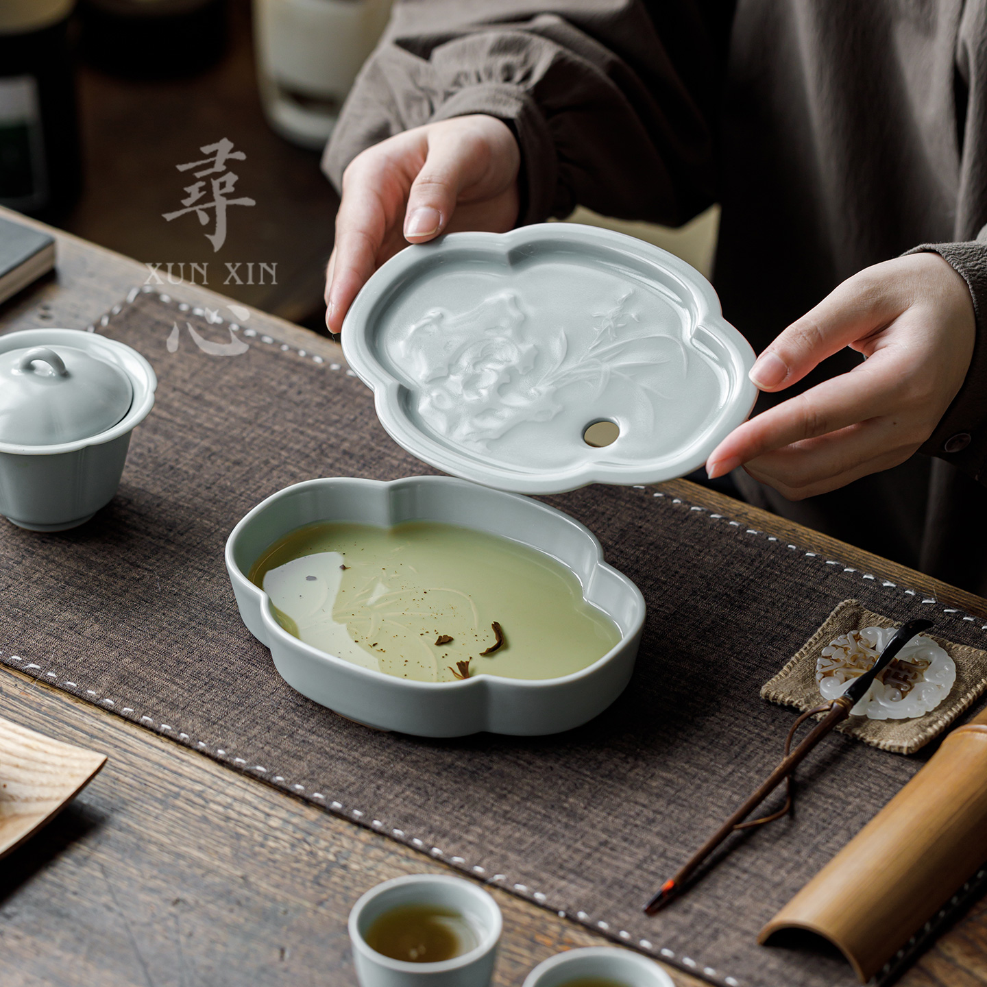 寻心汝窑陶瓷壶承可蓄水茶盘茶托