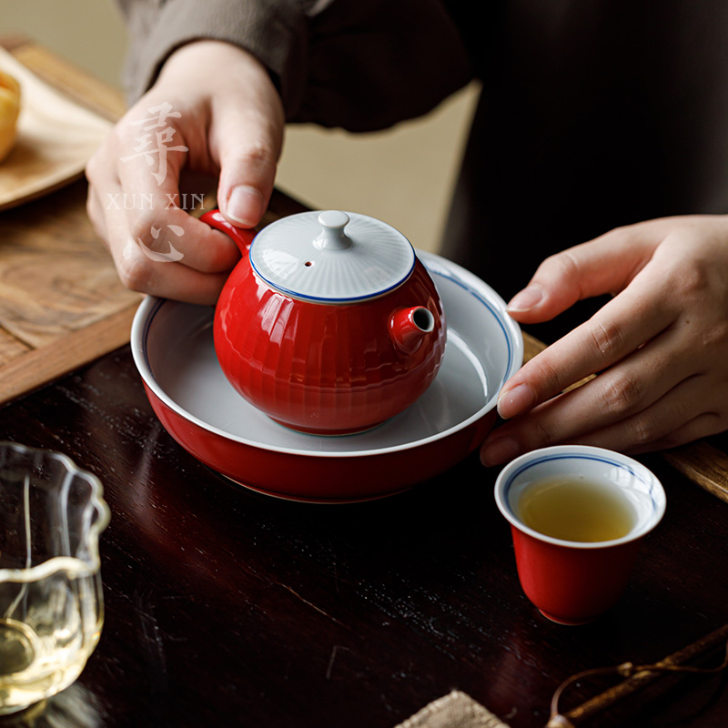 寻心红釉手绘双线棱纹壶泡茶器