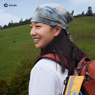 CKDH原创设计户外头巾2026秋新款纯棉领巾蓝色印花丝巾高级感方巾