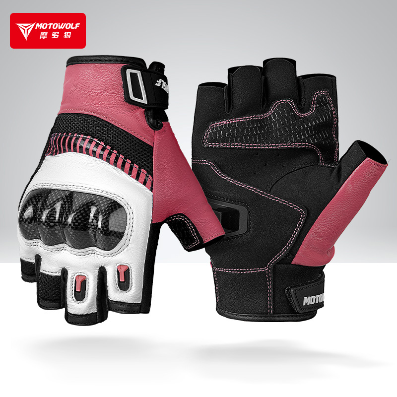 摩托车碳纤半指防护手套透气真皮