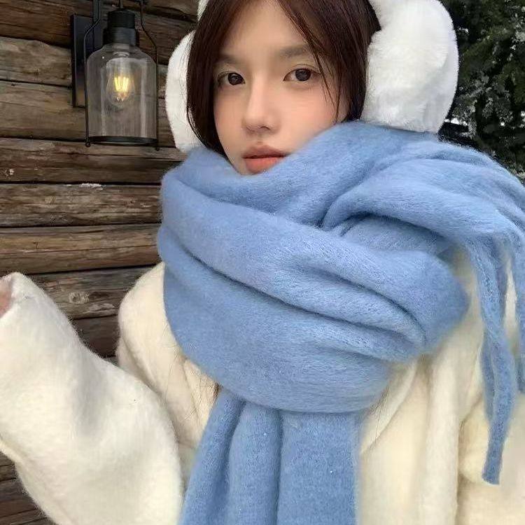 纯色氛围新款围巾流苏韩版蓝色保暖冬季学生百搭围脖高级披肩