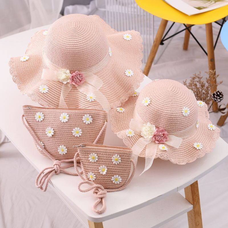 夏季儿童遮阳帽草帽女童大檐防晒太阳帽亲子沙滩帽女凉帽包包套装