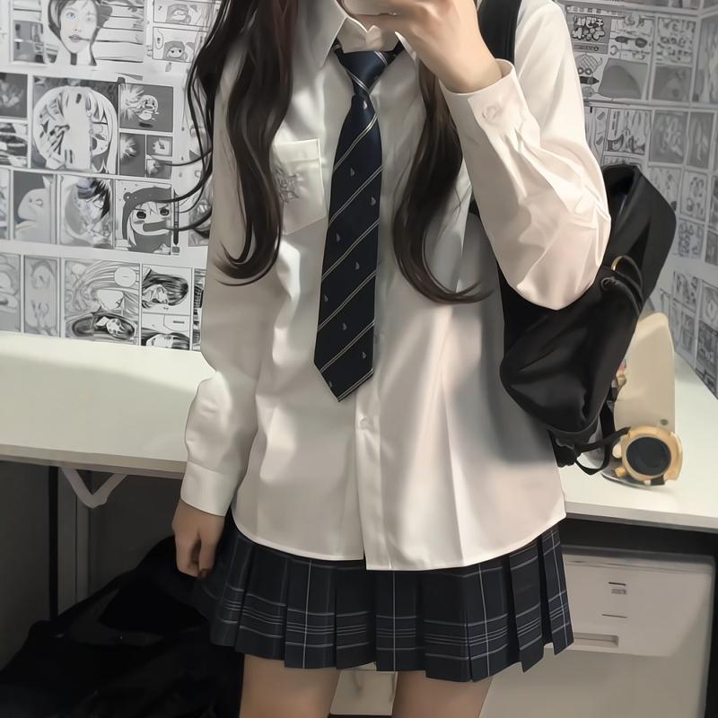 学院风jk制服蓝色短袖刺绣衬衫宽松日系长袖白色上衣女夏显瘦衬衣