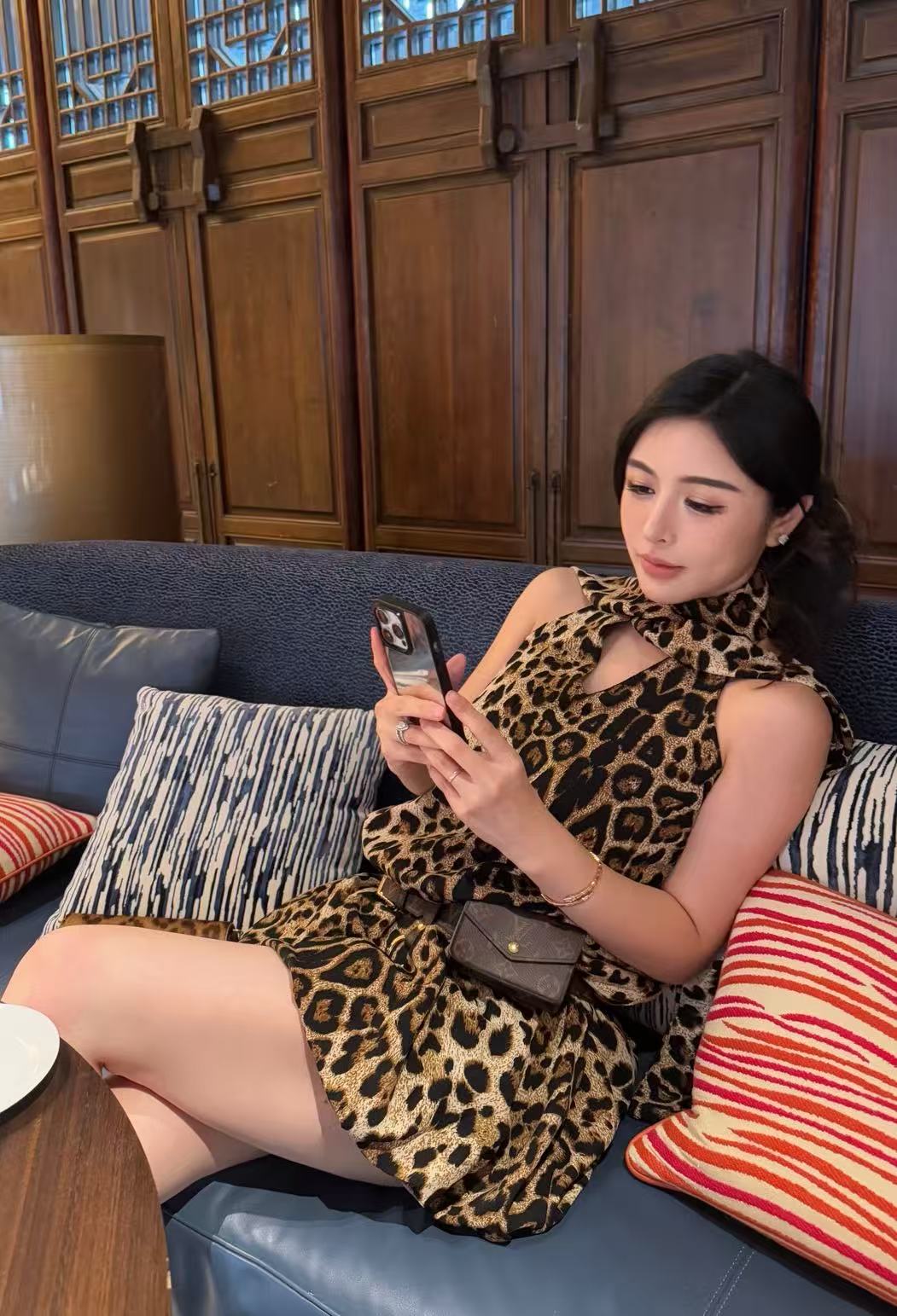 SAMEASME春夏豹纹雪纺飘带辣妹设计感小众连衣裙