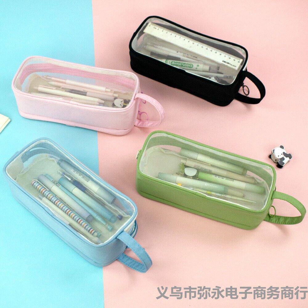双层透明网纱笔袋简约多层手提笔袋大容量学生考试专用文具收纳袋
