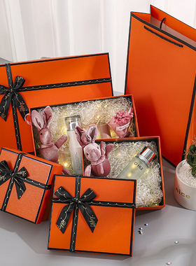 2025新款蝴蝶结彩妆盒橙色天地盖化妆品礼品口红精包装伴手送礼