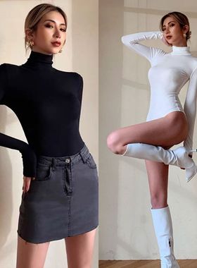 秋冬外穿欧美打底连体上衣女长袖高领T恤百搭一体黑色舞蹈服收腹
