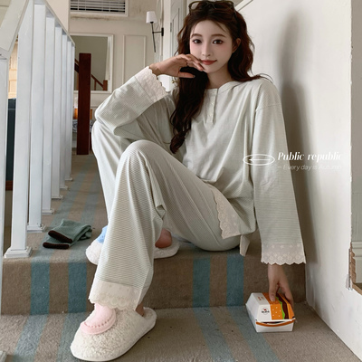 秋款简约条纹家居服套装睡衣新款
