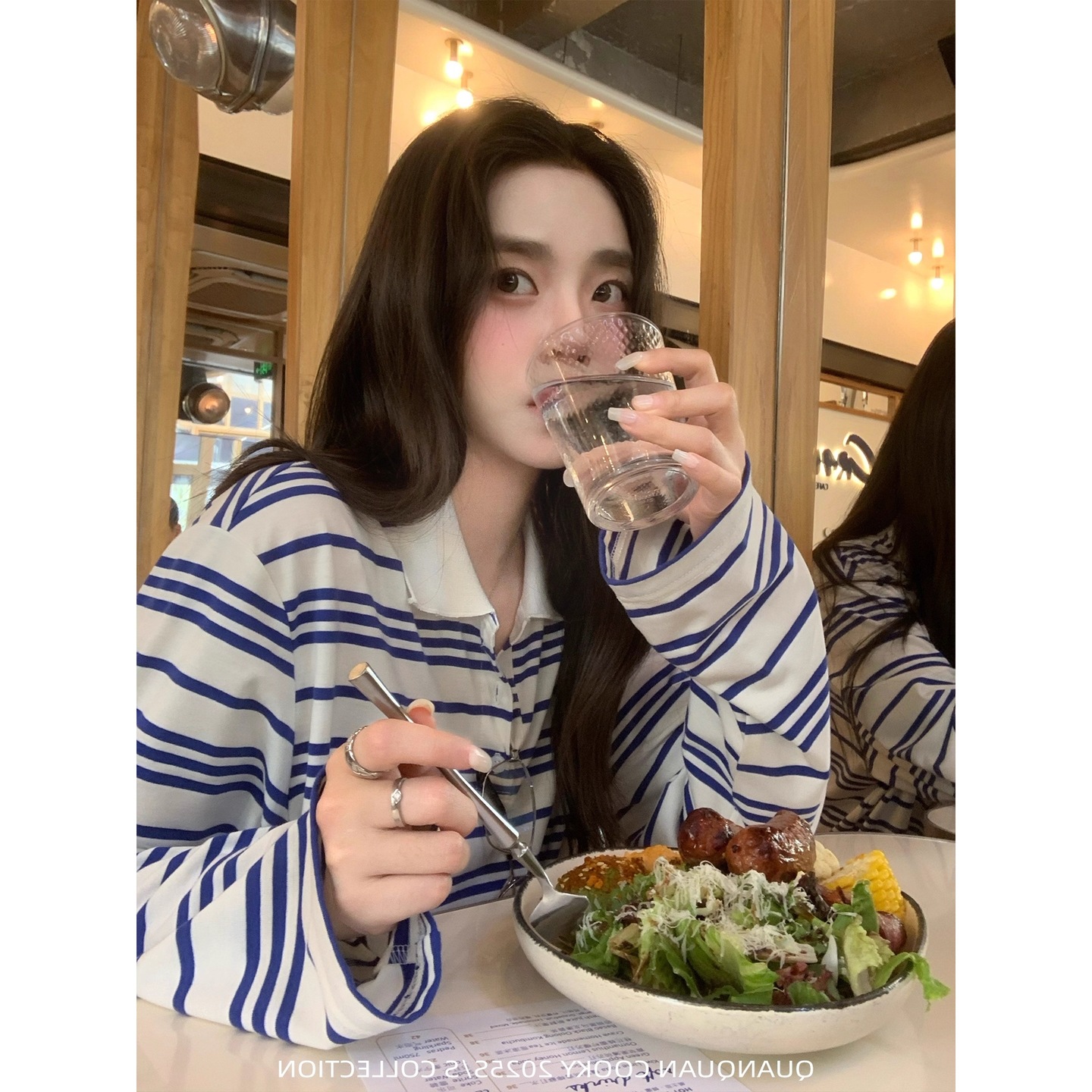 圈圈cooky 娜琏Polo 蓝条纹针织polo衫翻领正肩韩系简约女上衣