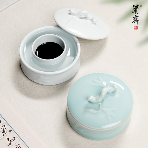 火锅砚陶瓷墨盒墨碟墨汁专用带盖防蒸发双圈砚台储墨防干书法毛笔国画墨碟笔搁笔洗多功能墨盒文房四宝摆件