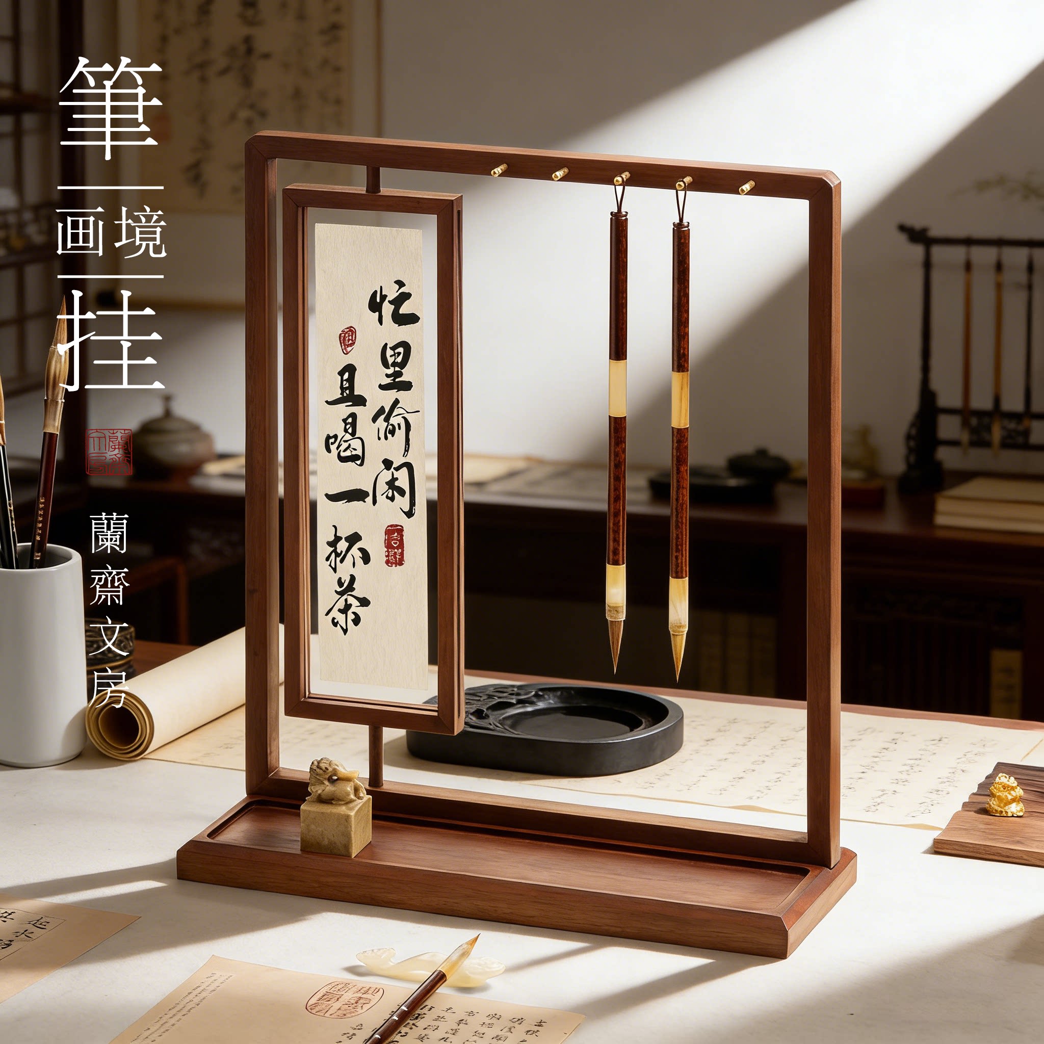 新中式胡桃木多功能毛笔挂架图片
