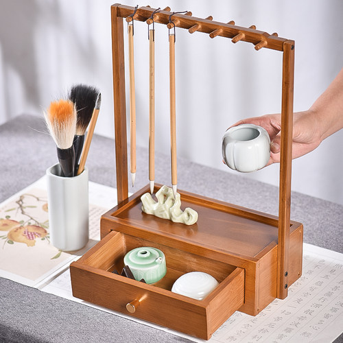 抽屉式多功能竹楠木笔架