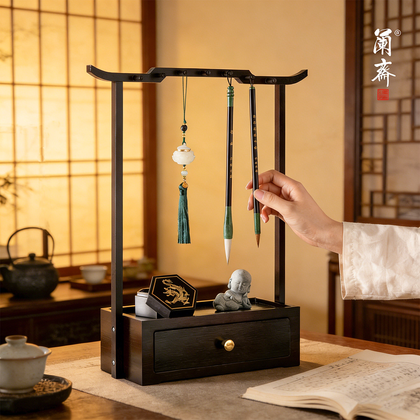 毛笔挂架实木多功能收纳图片