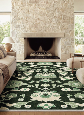 唐顿庄园绿色复古法式客厅地毯轻奢中古风卧室高级感防水防污地垫
