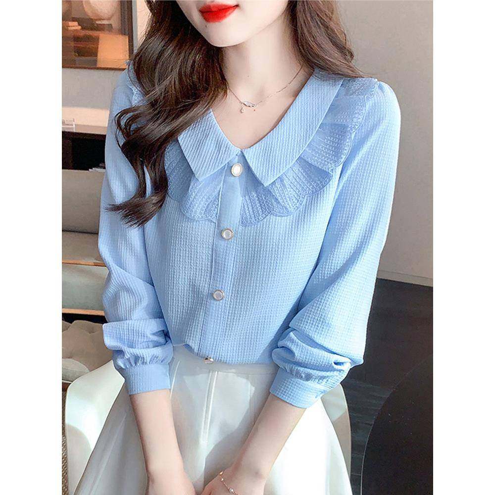 韩系娃娃领单排扣衬衫女春季2024年新款宽松百搭洋气小衫长袖上衣,女装/女士精品,真丝上装,淘宝优惠券,粉丝福利购,淘宝优惠卷