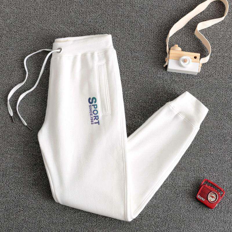 潮牌纯棉加绒运动裤女束脚2025秋冬新款白色薄款卫裤休闲女士裤子