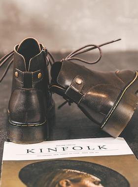 潮牌马丁靴女英伦风2025年新款春秋单靴百搭棕色平底复古瘦瘦短靴