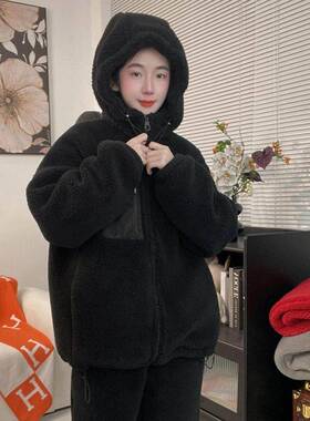 连帽拉炼三层覆合加厚摇粒绒睡衣女冬防风抗寒可外穿情侣家居服男