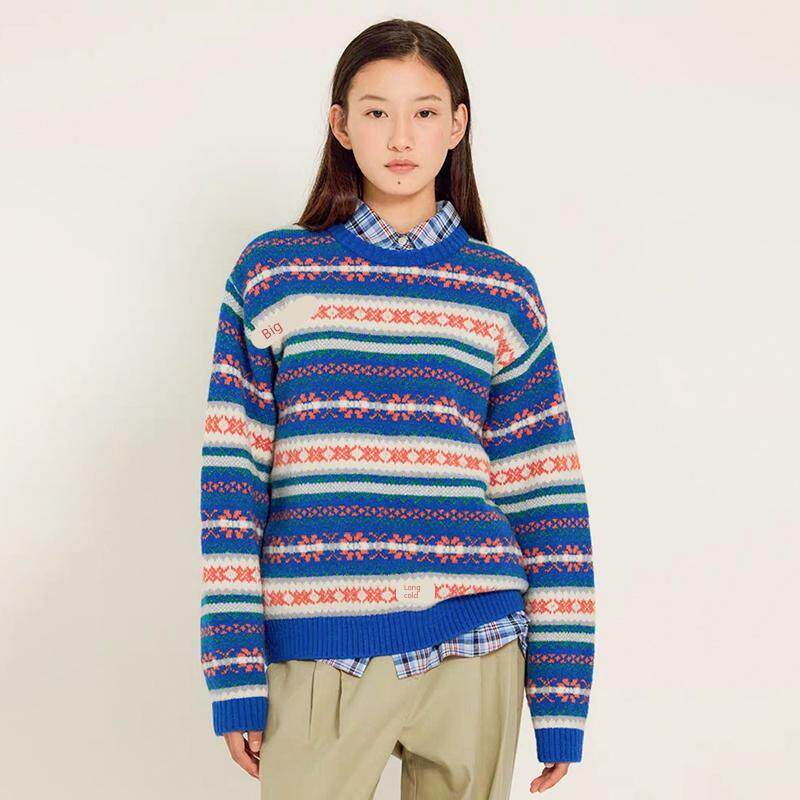 【现货】韩国sienne毛衣新款气质覆古撞色提花百搭羊毛针织衫女