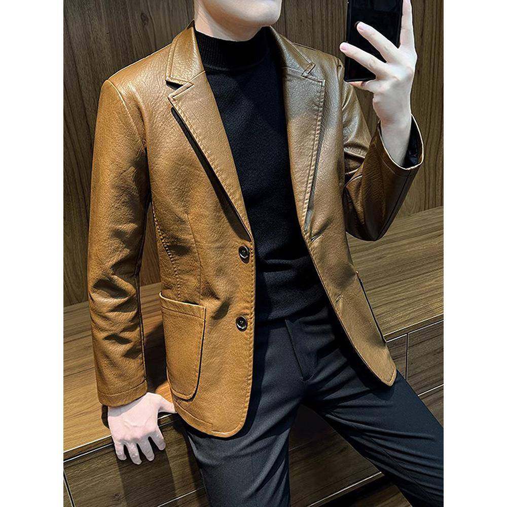 香港皮西装外套男士潮高级感痞帅春秋2025新款男装春装真皮衣西服