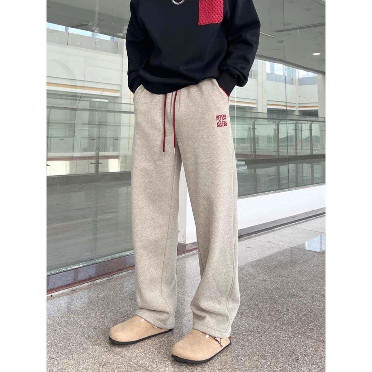 高端品牌专柜2025秋冬季加绒卫裤男士宽松直筒裤百搭休闲裤阔腿裤